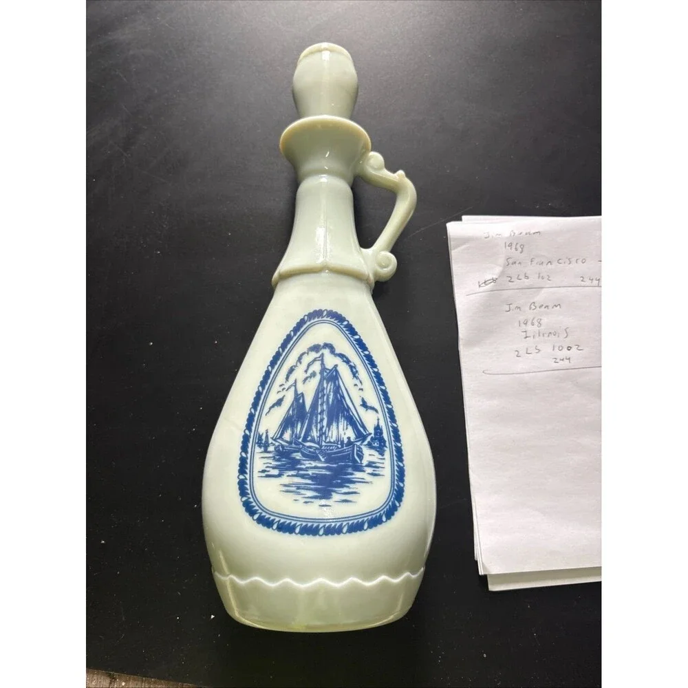 Vintage Blue Milk Glass Jim Beam Whiskey Decanter Delft Blue Ship 1963 Bottle